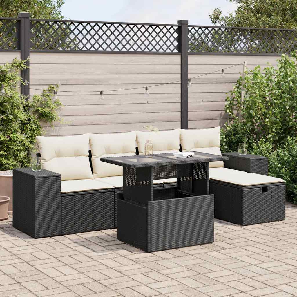 6-tlg. Garten-Sofagarnitur mit Kissen Schwarz Poly Rattan