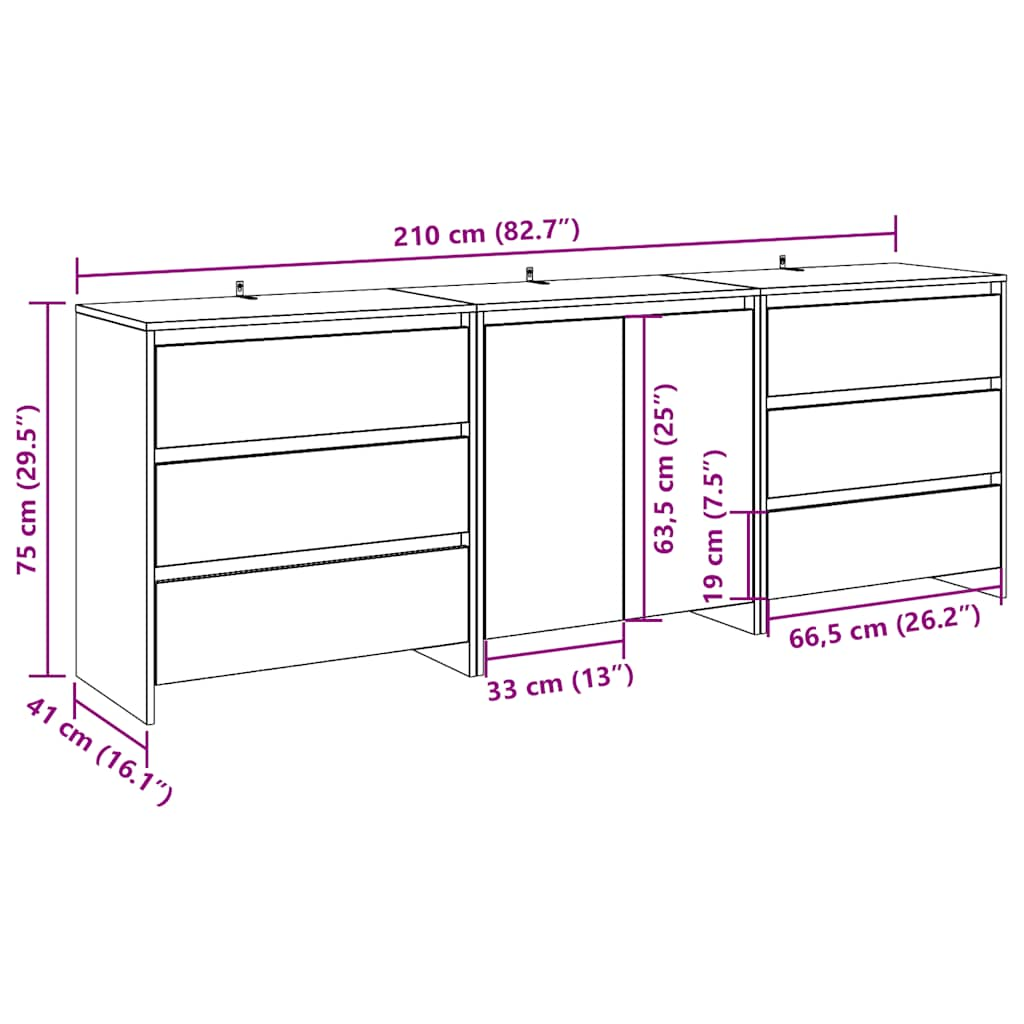 3-tlg. Sideboard Artisan-Eiche Holzwerkstoff