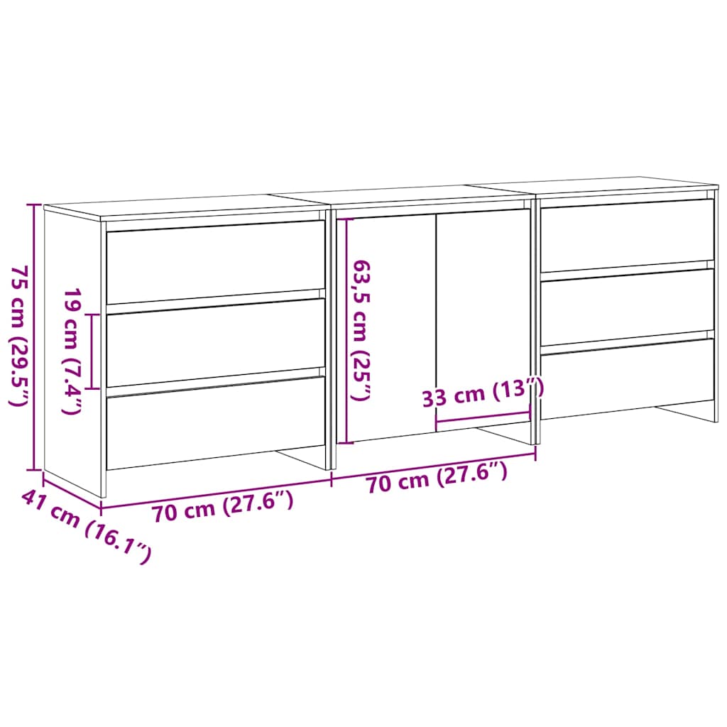 Sideboard 3 pcs Schwarz 70 x 41 x 75 cm Holzwerkstoff
