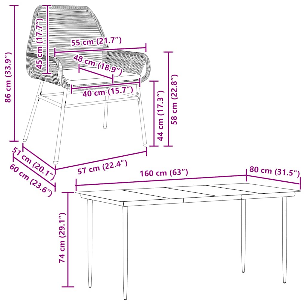 5-tlg. Garten-Essgruppe mit Kissen Schwarz Poly Rattan Glas