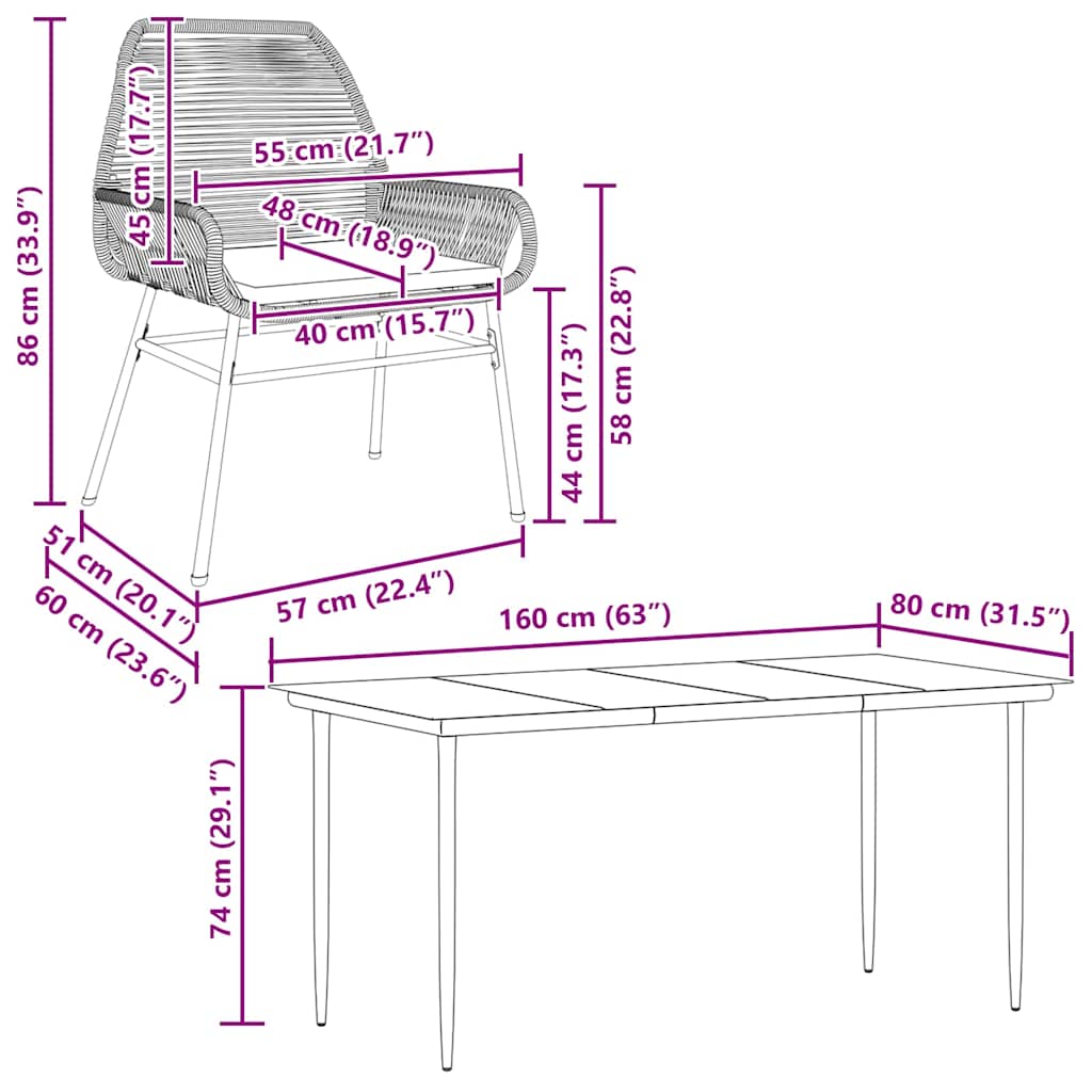 5-tlg. Garten-Essgruppe mit Kissen Grau Poly Rattan Glas