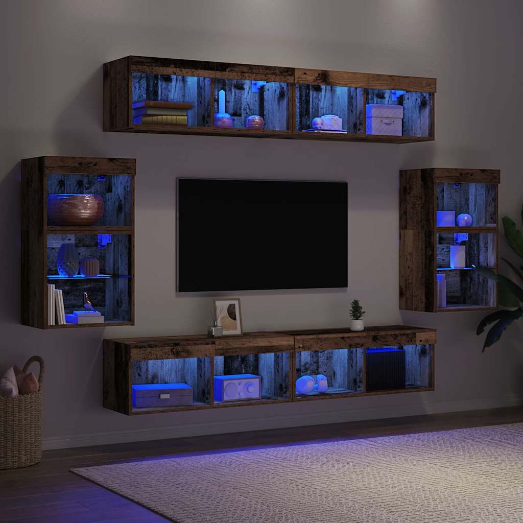 TV-Schrankset mit LED-Lichtleisten 8 pcs Altholz Holzwerkstoff