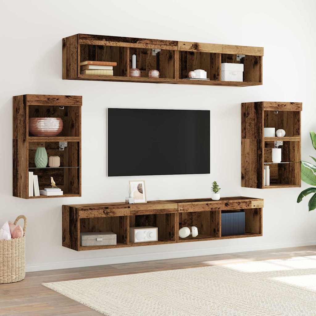 TV-Schrankset mit LED-Lichtleisten 8 pcs Altholz Holzwerkstoff