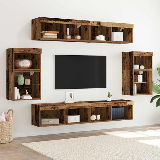 TV-Schrankset mit LED-Lichtleisten 8 pcs Altholz Holzwerkstoff