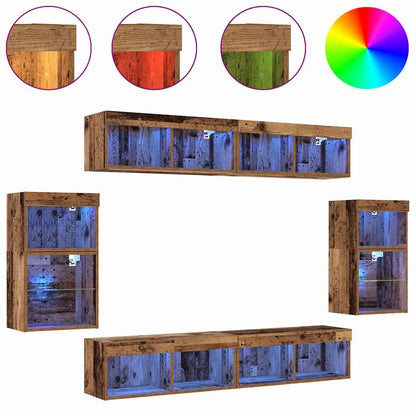 TV-Schrankset mit LED-Lichtleisten 8 pcs Altholz Holzwerkstoff