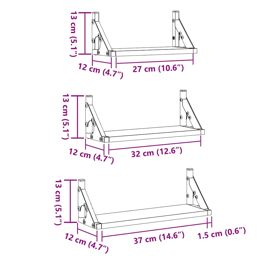 Wandregal-Set 3 pcs Artisan-Eiche 37 x 12 x 13 cm Holzwerkstoff