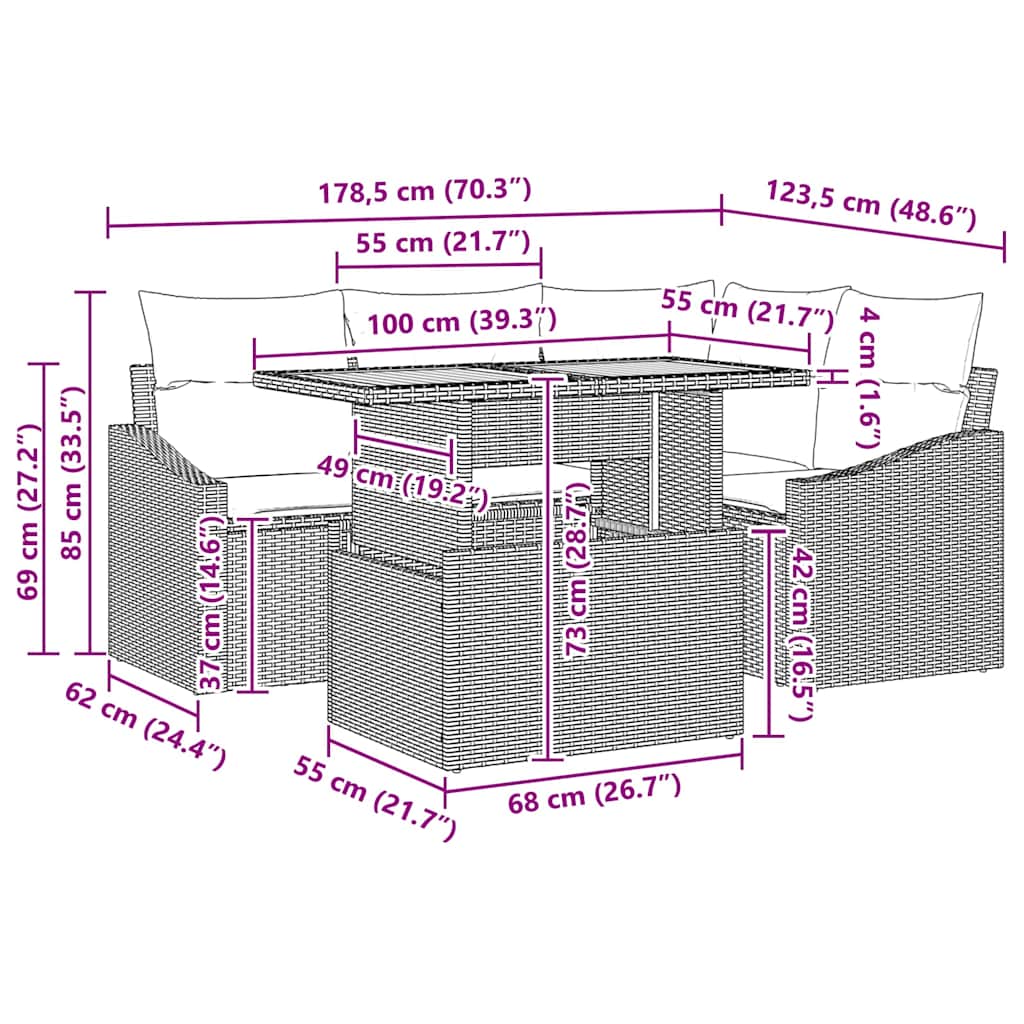 Garten Essgruppe mit Kissen Grau und Braun 100 x 55 x 73 cm