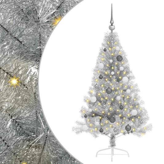 Künstlicher vorbeleuchteter Weihnachtsbaum Silber 150 cm PET