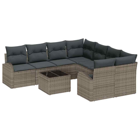 Sofa Set mit Kissen mit Speicher 9 pcs Grau Poly-Rattan
