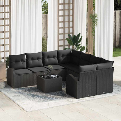 Sofa Set mit Kissen mit Speicher 9 pcs Schwarz Poly-Rattan