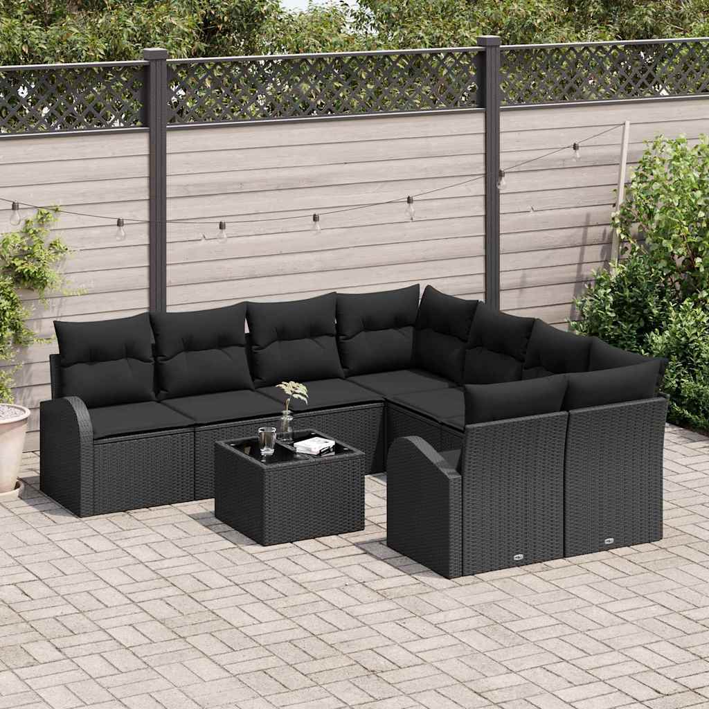 Sofa Set mit Kissen mit Speicher 9 pcs Schwarz Poly-Rattan