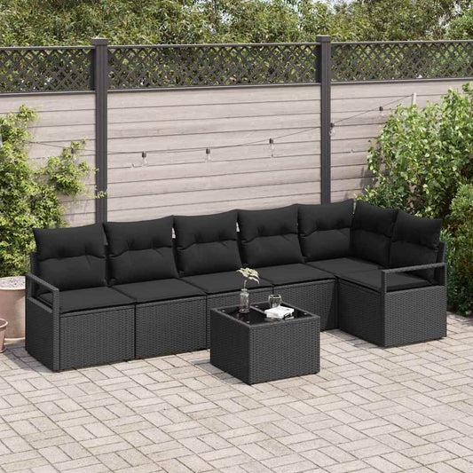 Sofa Set mit Kissen mit Speicher 7 pcs Schwarz Poly-Rattan