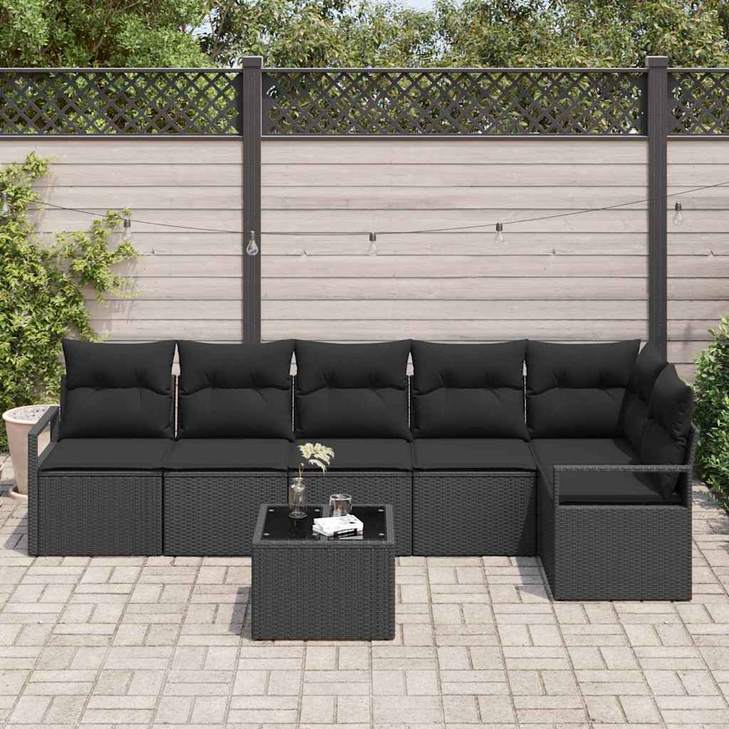 Sofa Set mit Kissen mit Speicher 7 pcs Schwarz Poly-Rattan