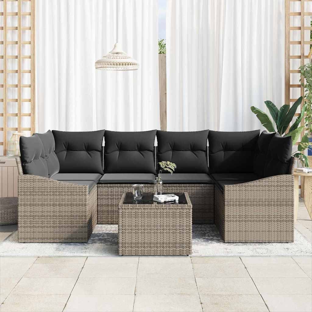 Sofa Set mit Kissen mit Speicher 7 pcs Grau Poly-Rattan