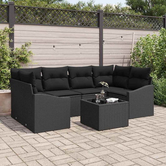 Sofa Set mit Kissen mit Speicher 7 pcs Schwarz Poly-Rattan