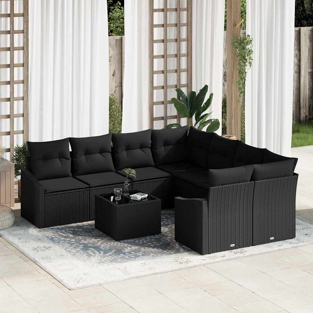 Sofa Set mit Kissen mit Speicher 9 pcs Schwarz Poly-Rattan