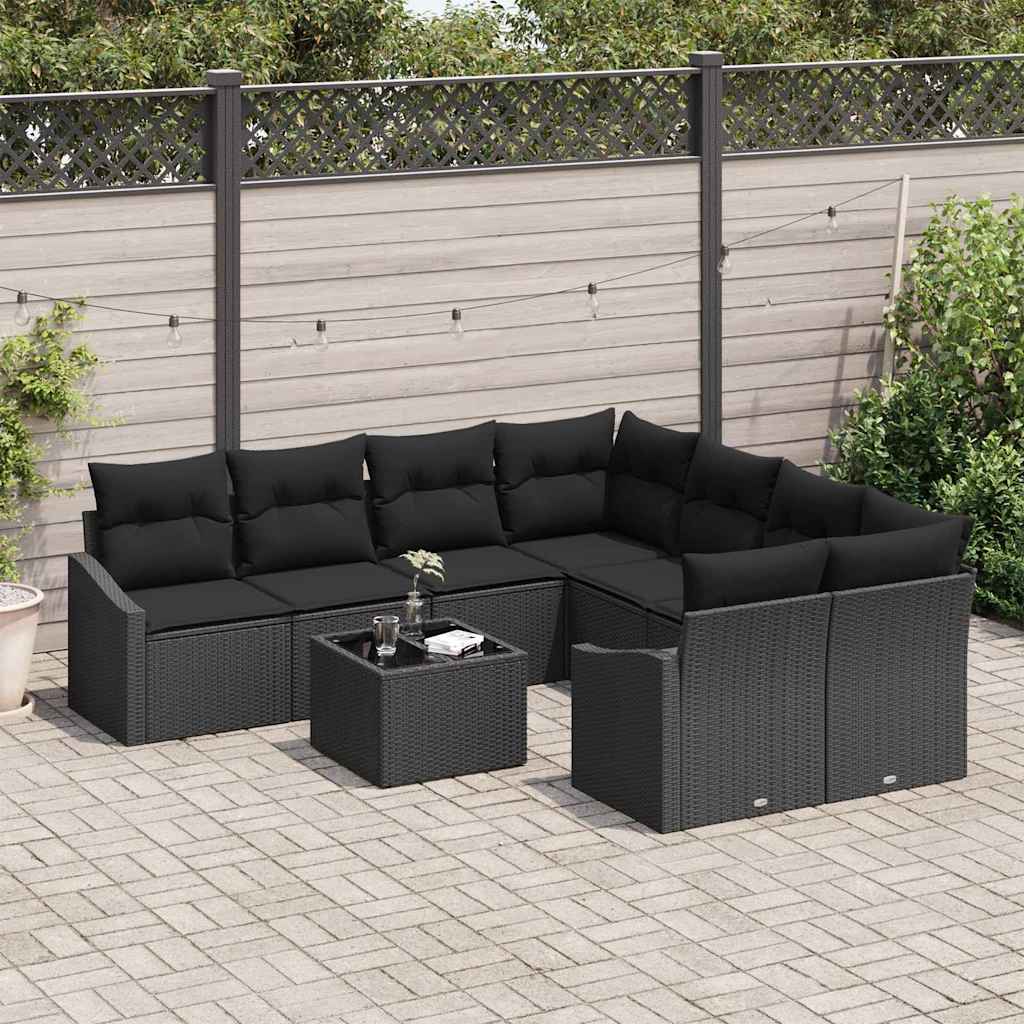 Sofa Set mit Kissen mit Speicher 9 pcs Schwarz Poly-Rattan