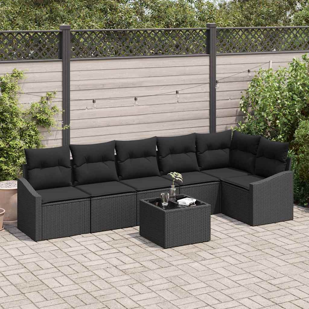 Sofa Set mit Kissen mit Speicher 7 pcs Schwarz Poly-Rattan