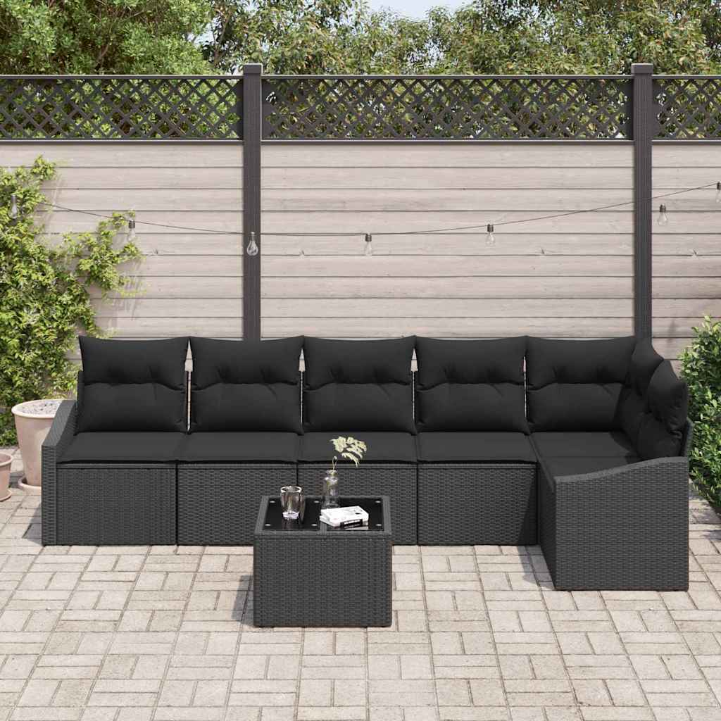 Sofa Set mit Kissen mit Speicher 7 pcs Schwarz Poly-Rattan
