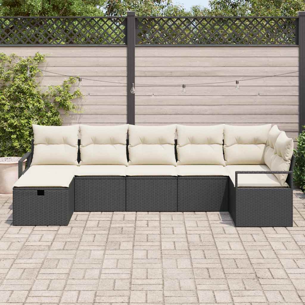 Sofa Set mit Kissen mit Speicher Schwarz und Creme Poly-Rattan