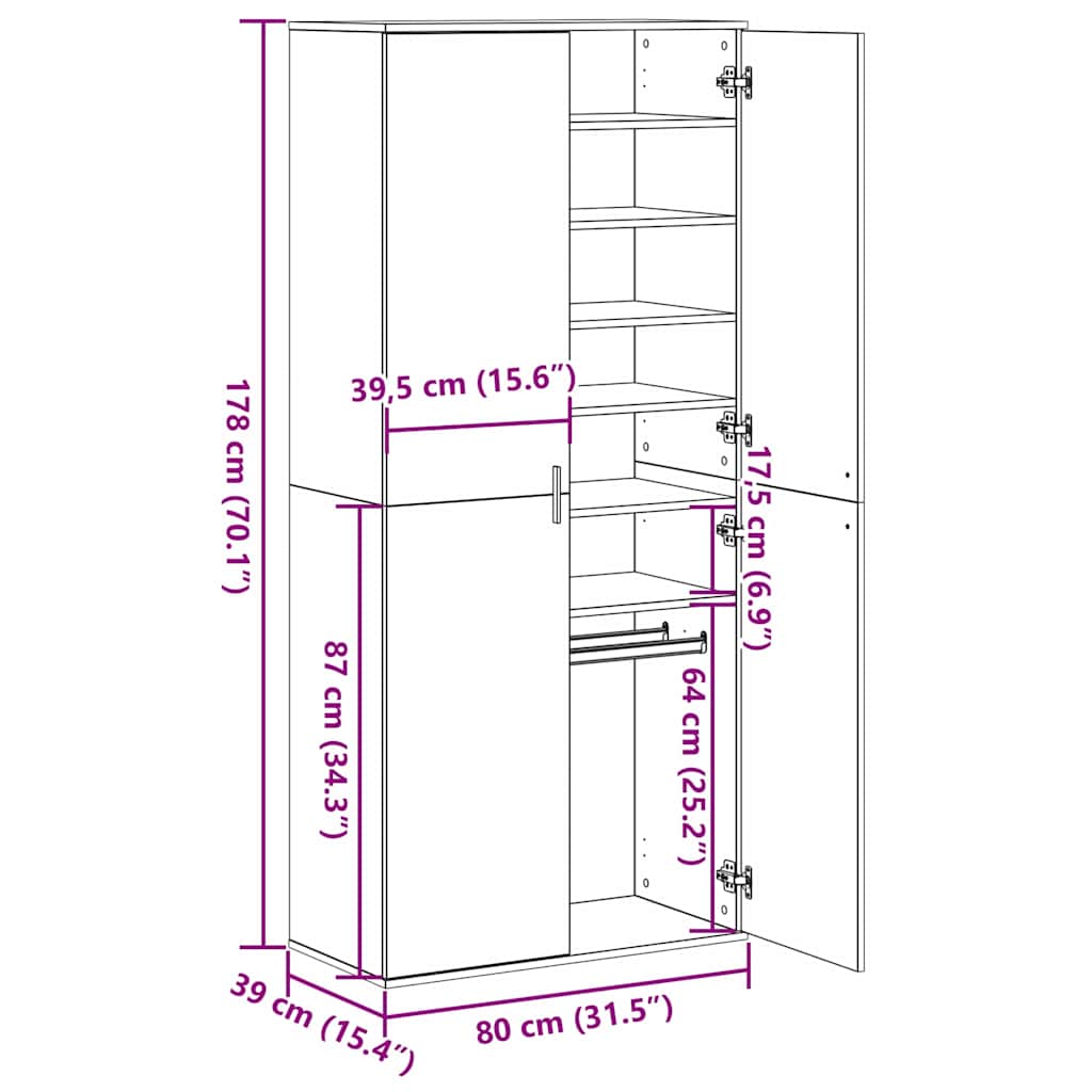 Hochschrank Schwarz Eichen-Optik 80 x 39 x 178 cm Holzwerkstoff