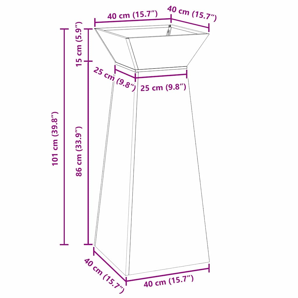 Gartenpfeiler-Planter mit Schale 40x40x100 cm aus verzinktem Stahl
