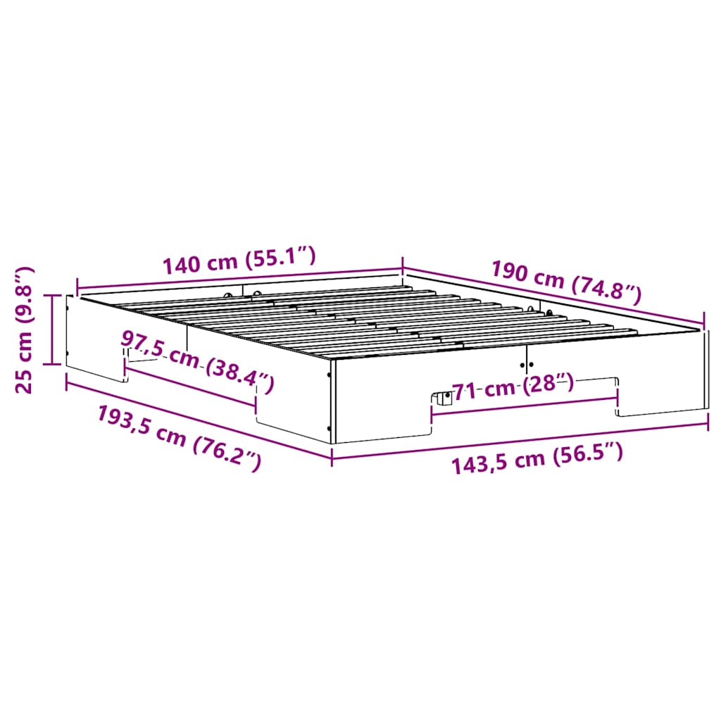 Bodenbettgestell Weiß 140 x 190 cm Massivholz Kiefer