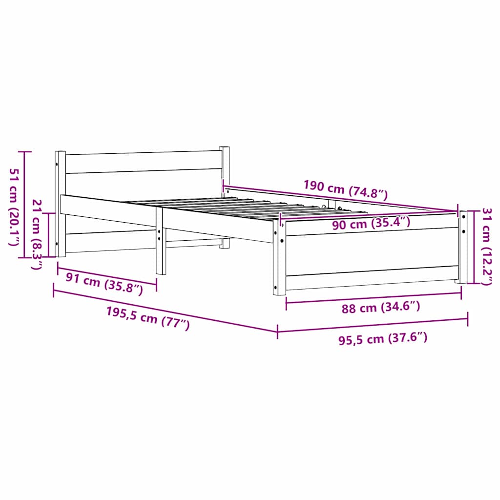 Bettrahmen Wachsbraun 205.5 x 95.5 x 51 cm Massives Kiefernholz