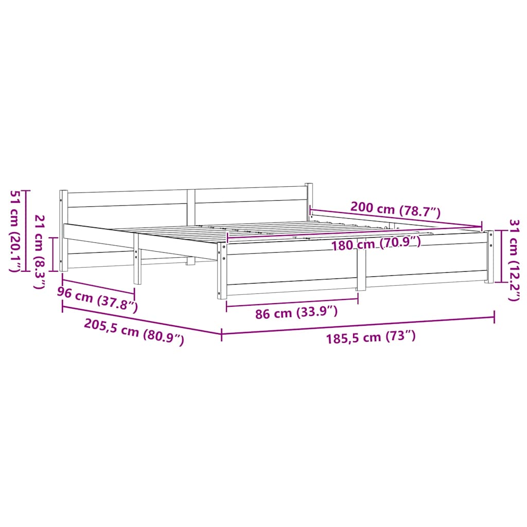 Bettrahmen Wachsbraun 205.5 x 95.5 x 51 cm Massives Kiefernholz