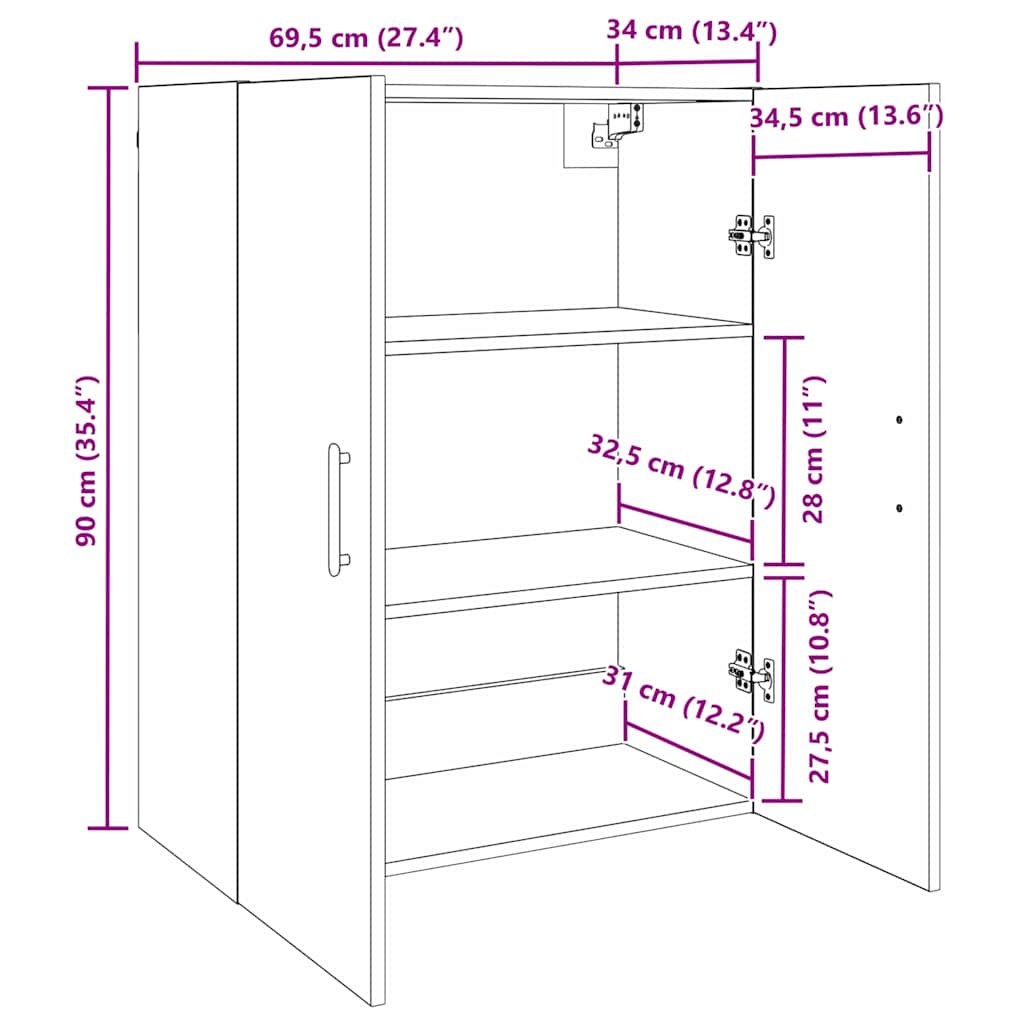 Wandschrank Artisan-Eiche 69.5 x 34 x 90 cm Holzwerkstoff