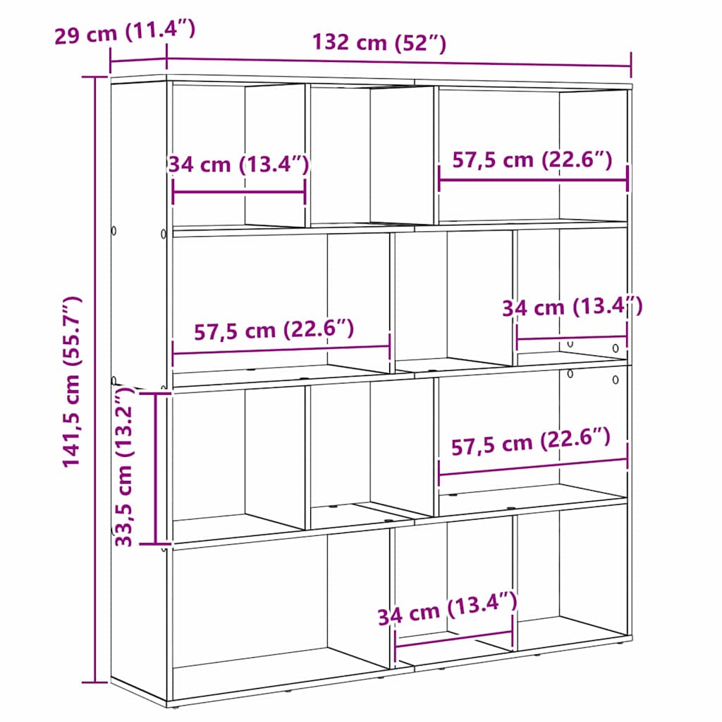 Bücherregal Schwarz Eichen-Optik 132 x 29 x 141.5 cm