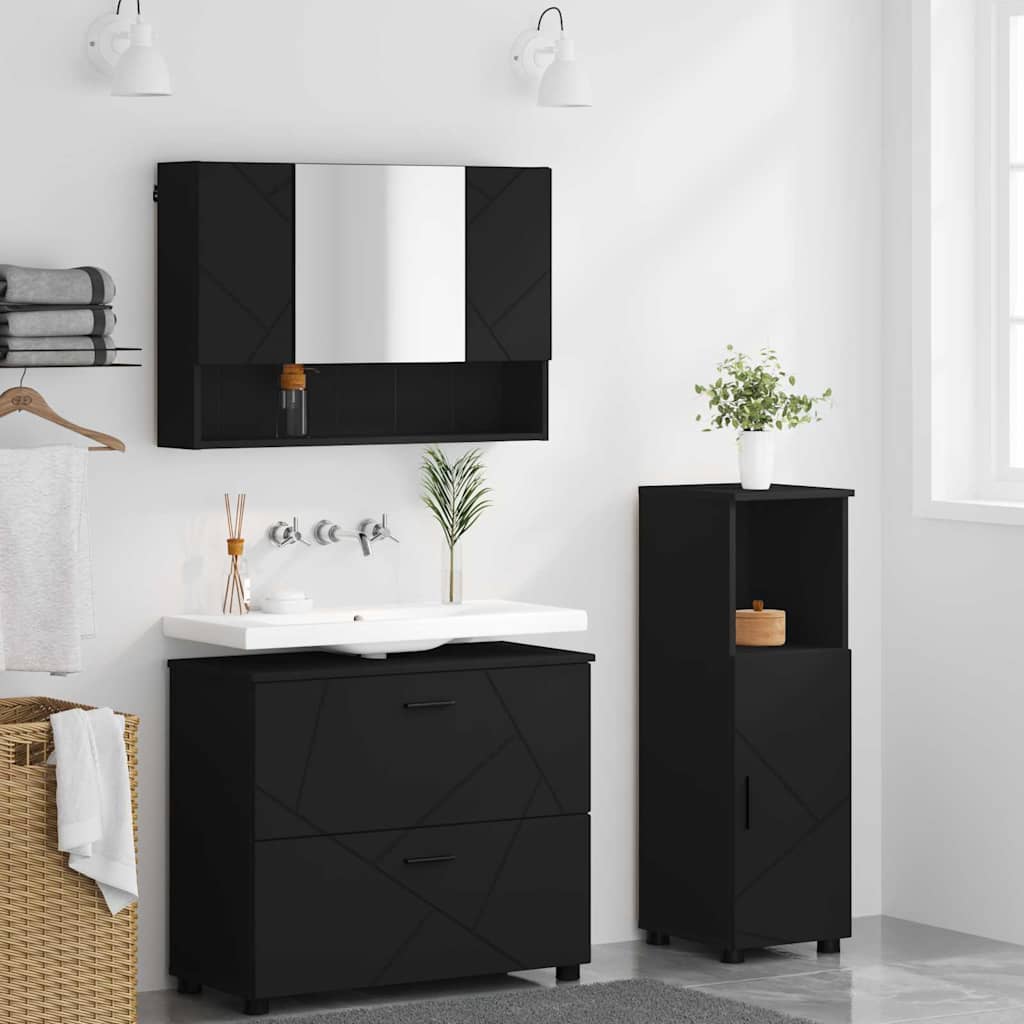 Badezimmermöbel-Set mit Tür 3 pcs Schwarz Sperrholz und Metall