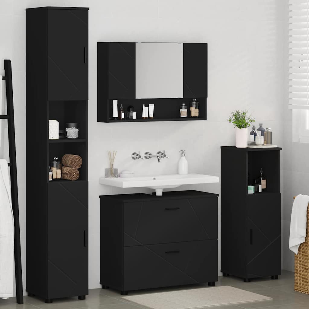 Badezimmermöbel-Set mit Tür 4 pcs Schwarz Sperrholz und Metall