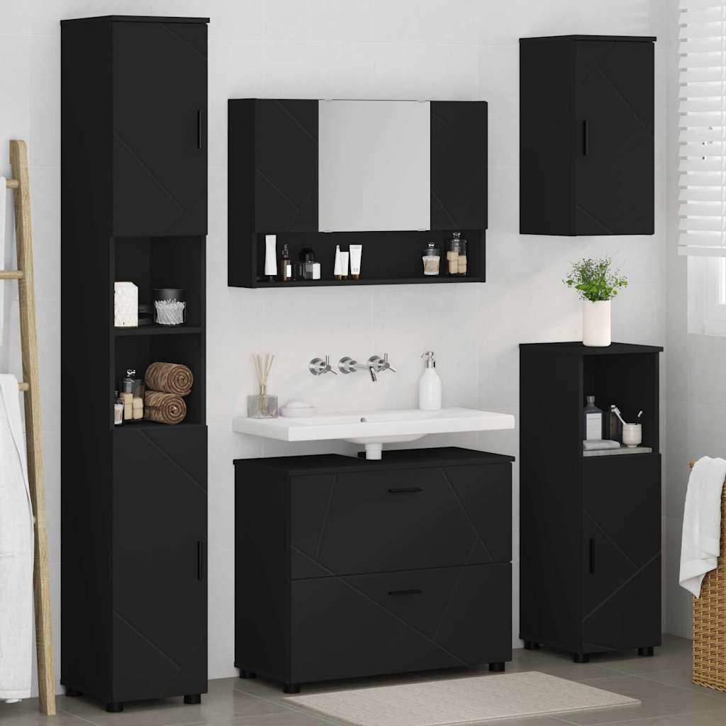 Badezimmermöbel-Set mit Tür 5 pcs Schwarz Sperrholz und Metall
