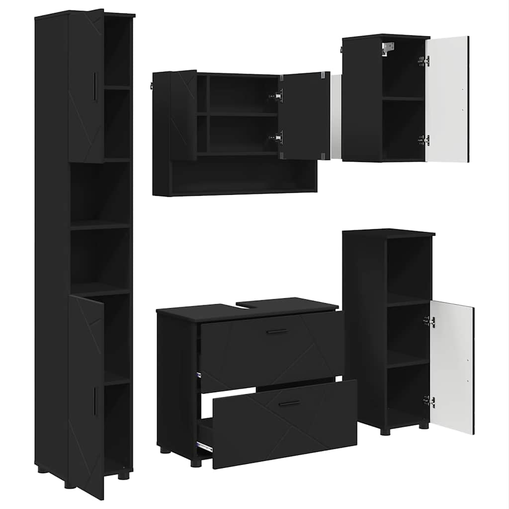 Badezimmermöbel-Set mit Tür 5 pcs Schwarz Sperrholz und Metall