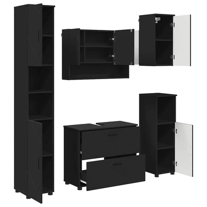 Badezimmermöbel-Set mit Tür 5 pcs Schwarz Sperrholz und Metall