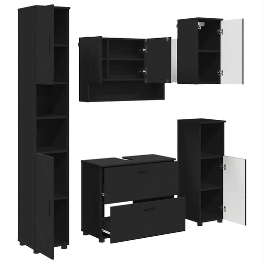 Badezimmermöbel-Set mit Tür 5 pcs Schwarz Sperrholz und Metall