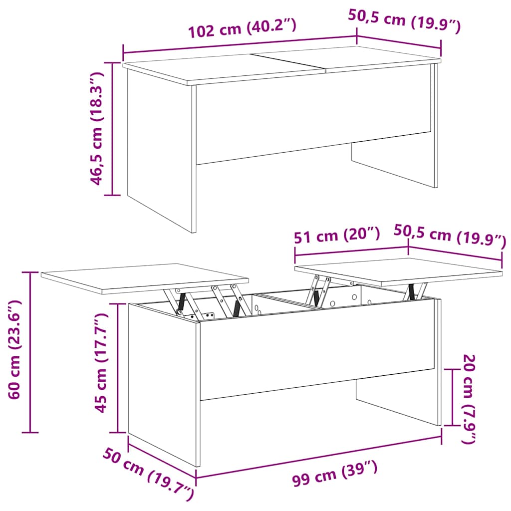 Couchtisch Schwarze Eiche 102 x 50.5 x 46.5 cm Holzwerkstoff