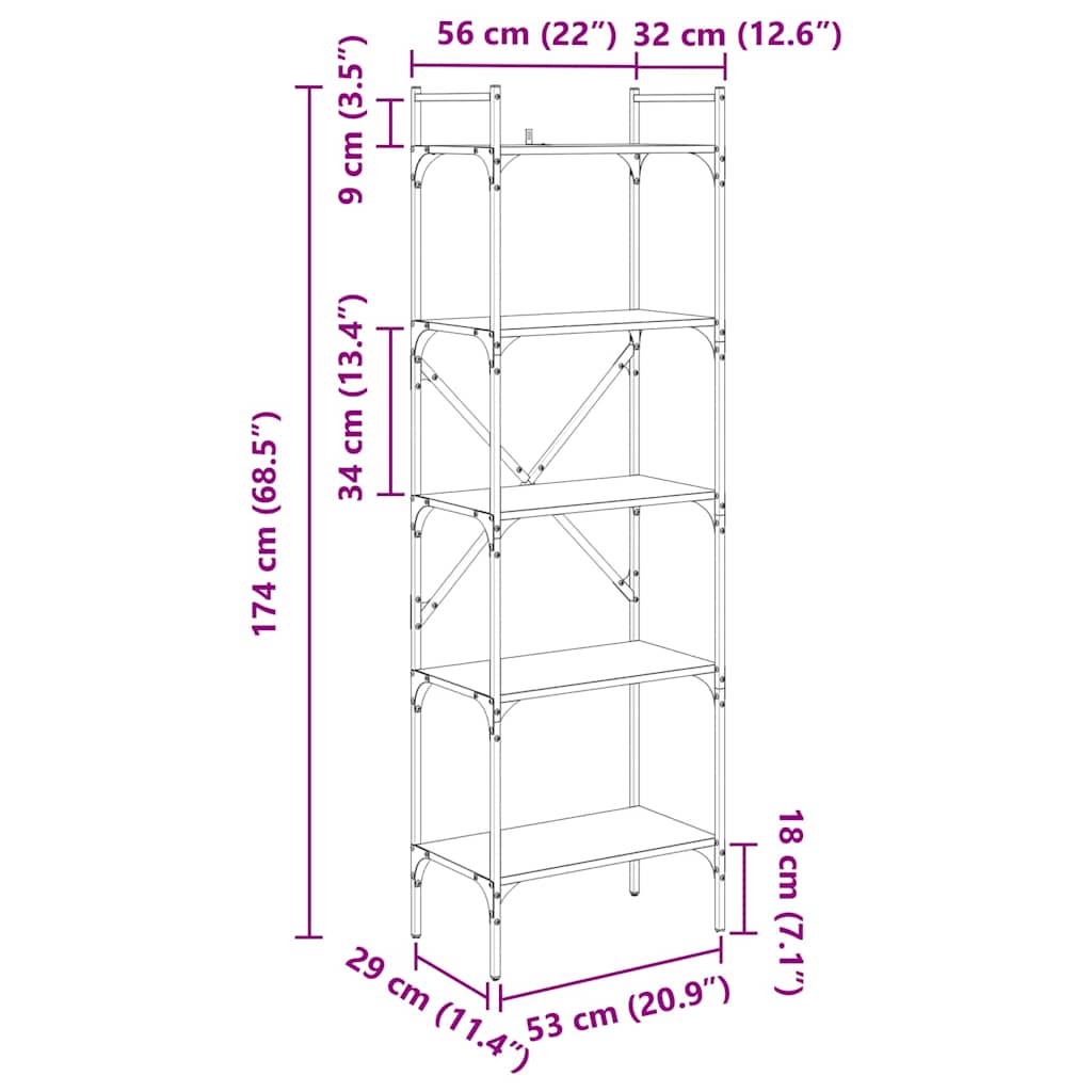 Bücherregal Artisan-Eiche 56 x 32 x 174 cm Holzwerkstoff
