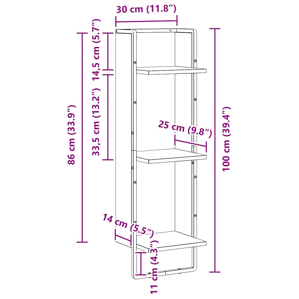 Wandregal Schwarz Eichen-Optik 30 x 25 x 100 cm Holzwerkstoff