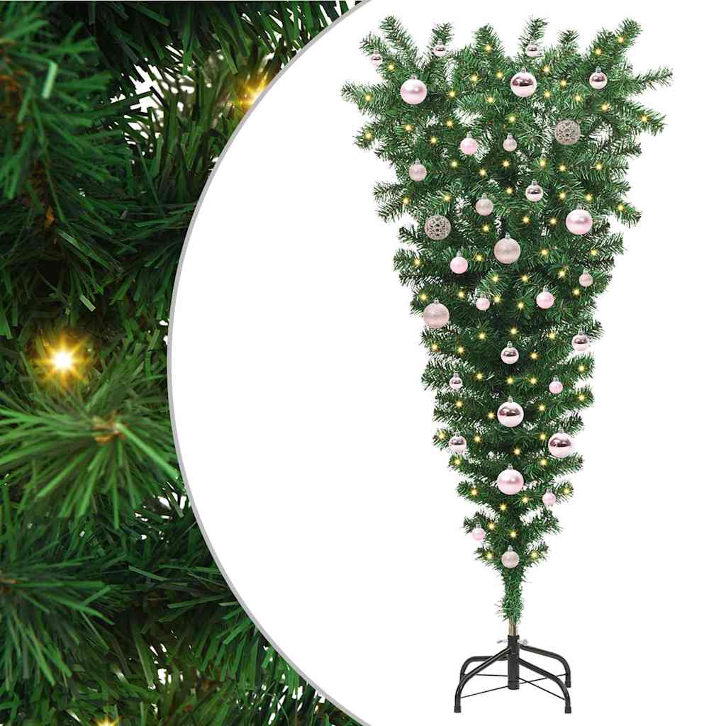 Auf den Kopf gestellter künstlicher vorgetesteter Weihnachtsbaum mit Kugelsatz