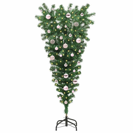 Auf den Kopf gestellter künstlicher vorgetesteter Weihnachtsbaum mit Kugelsatz
