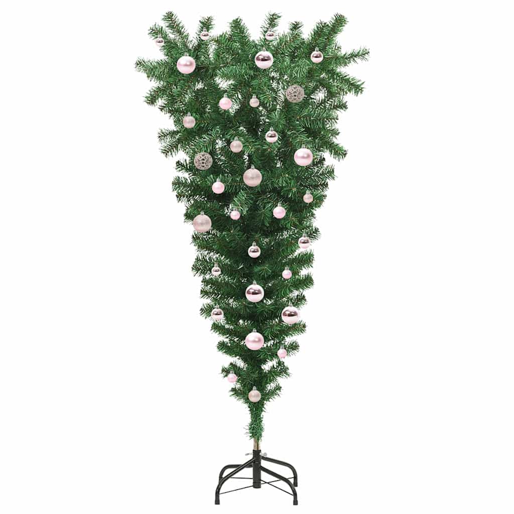 Auf den Kopf gestellter künstlicher vorgetesteter Weihnachtsbaum mit Kugelsatz