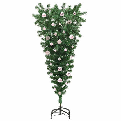Auf den Kopf gestellter künstlicher vorgetesteter Weihnachtsbaum mit Kugelsatz