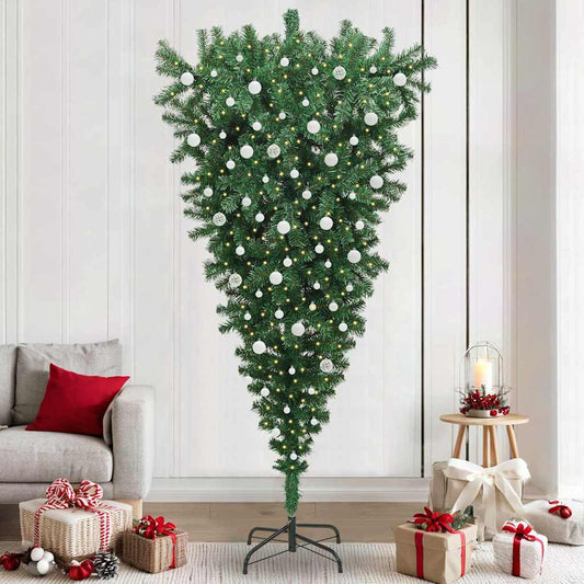 Umgedrehter künstlicher vorbeleuchteter Weihnachtsbaum mit Kugelset
