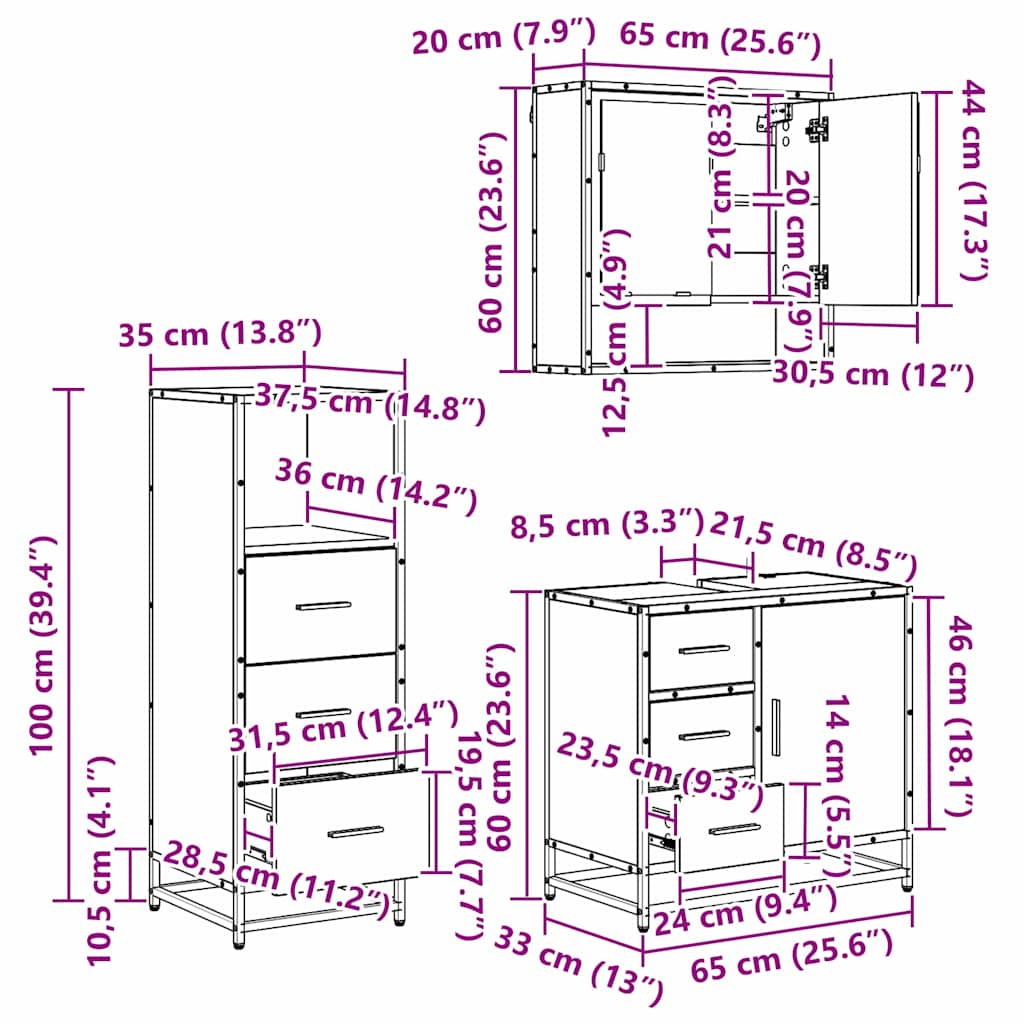 Badezimmermöbel-Set mit Schubladen 3 pcs Altholz Holzwerkstoff