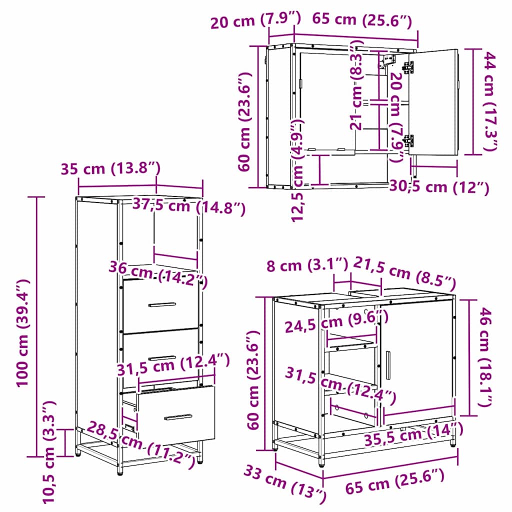 Badezimmermöbel-Set mit Schubladen 3 pcs Altholz Holzwerkstoff