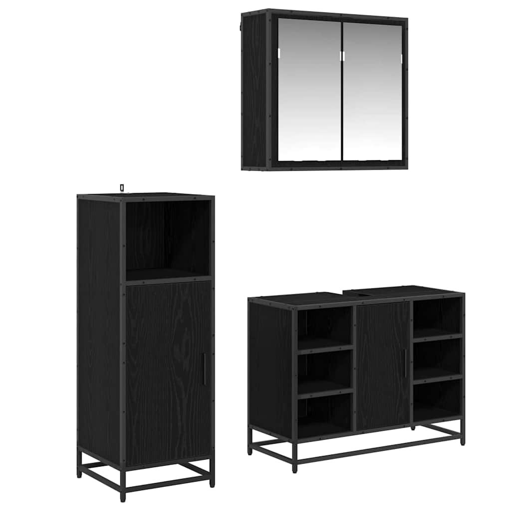 Badezimmermöbel-Set 3 pcs Schwarz Eichen-Optik Holzwerkstoff
