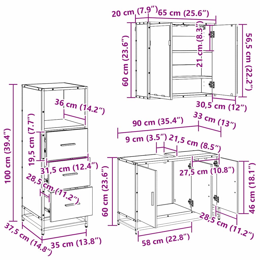 Badezimmermöbel-Set 3 pcs Schwarz Eichen-Optik Holzwerkstoff
