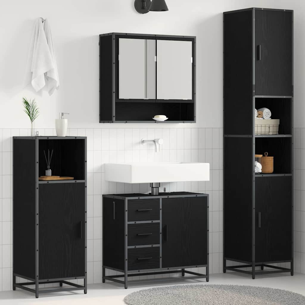 Badezimmermöbel-Set 3 pcs Schwarz Eichen-Optik Holzwerkstoff